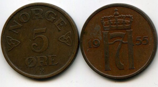 Монета 5 оре 1955г Норвегия