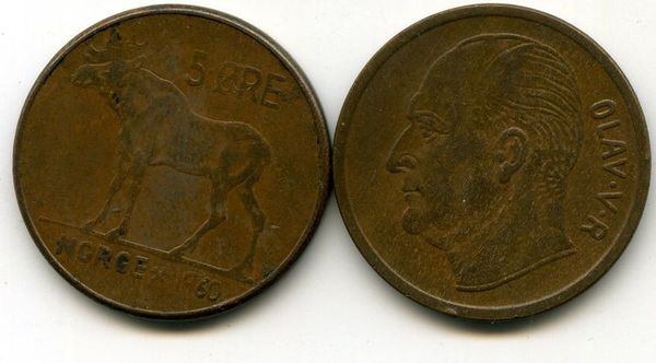 Монета 5 оре 1960г Норвегия
