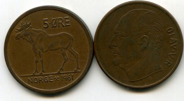 Монета 5 оре 1961г Норвегия