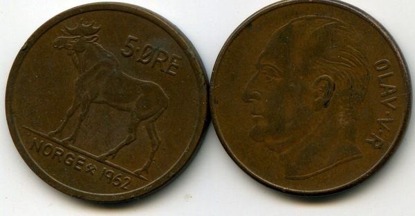 Монета 5 оре 1962г Норвегия