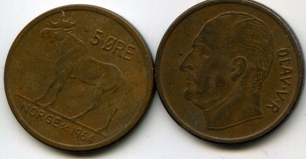 Монета 5 оре 1964г Норвегия