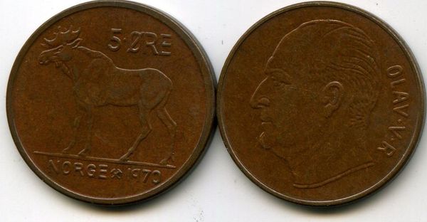 Монета 5 оре 1970г Норвегия