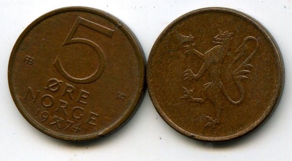 Монета 5 оре 1974г Норвегия