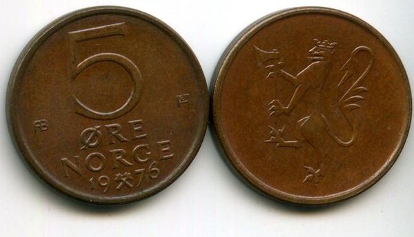 Монета 5 оре 1976г Норвегия
