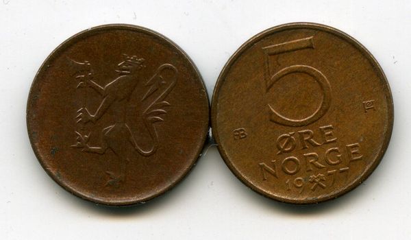 Монета 5 оре 1977г Норвегия