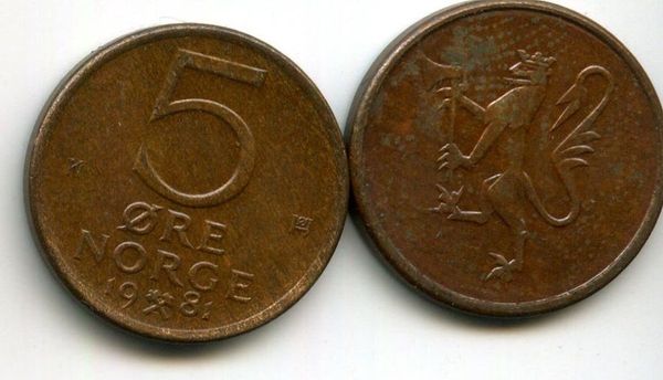 Монета 5 оре 1981г Норвегия