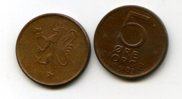 Монета 5 оре 1982г Норвегия