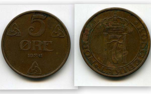 Монета 5 оре 1941г Норвегия