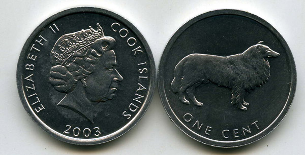Монета 1 цент 2003г Бордер-колли Лесси Острова Кука