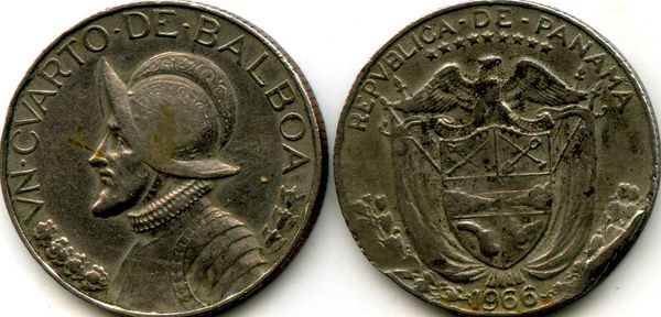 Монета 0,25 бальбоа 1966г Панама