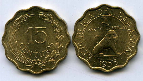 Монета 15 сентесимо 1953г Парагвай