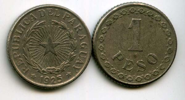 Монета 1 песо 1925г Парагвай