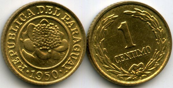 Монета 1 сентимо 1950г Парагвай