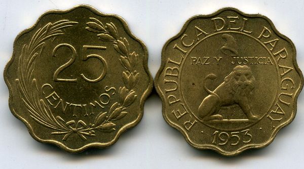 Монета 25 сентимос 1953г Парагвай