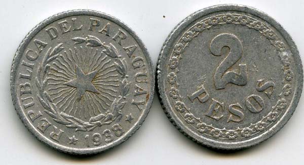 Монета 2 песо 1938г Парагвай