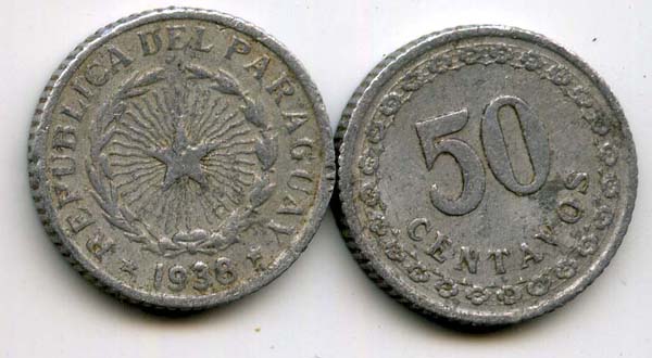 Монета 50 сентавос 1938г Парагвай