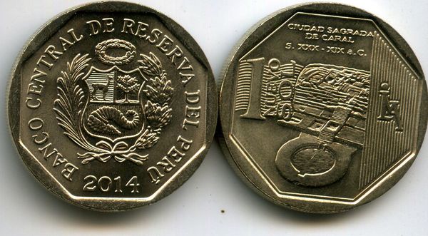 Монета 1 соль 2014г Карал Перу