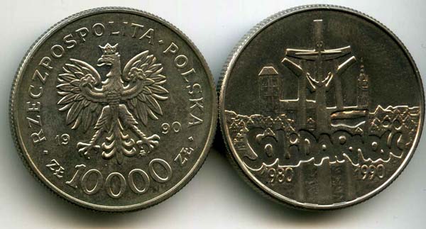 Монета 10 000 злотых 1990г солидарность Польша