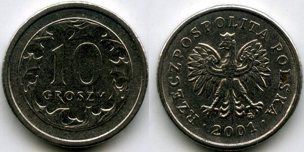 Монета 10 грош 2001г Польша