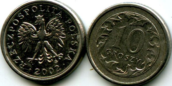 Монета 10 грош 2002г Польша