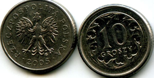 Монета 10 грош 2005г Польша