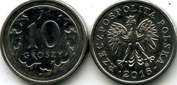 Монета 10 грош 2016г Польша