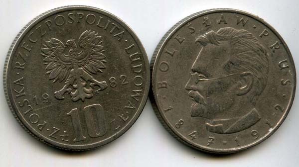 Монета 10 злотых Болеслав Прус 1982г Польша