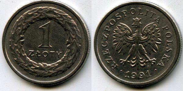 Монета 1 злотый 1991г Польша