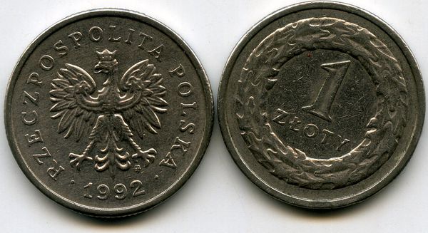 Монета 1 злотый 1992г Польша