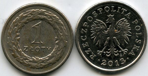 Монета 1 злотый 2013г Польша