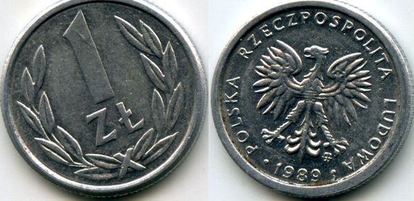 Монета 1 злотый 1989г Польша