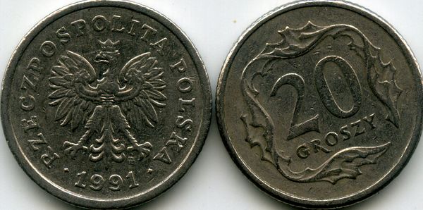 Монета 20 грош 1991г Польша