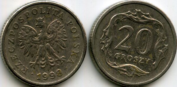 Монета 20 грош 1993г Польша