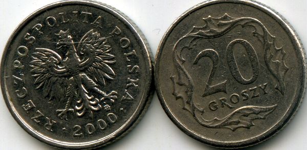 Монета 20 грош 2000г Польша
