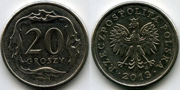 Монета 20 грош 2013г Польша