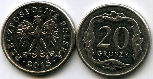 Монета 20 грош 2015г Польша