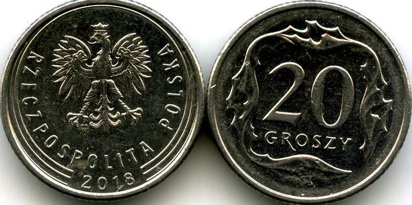 Монета 20 грош 2018г Польша