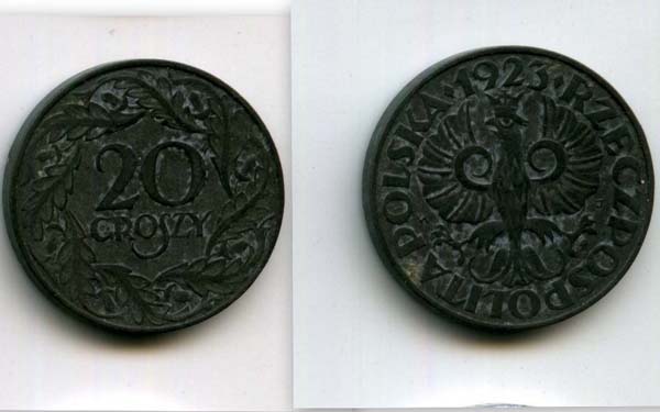 Монета 20 грош 1923г цинк Польша