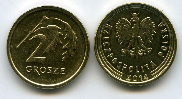 Монета 2 гроша 2014г нд Польша