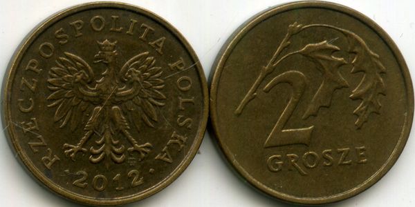 Монета 2 гроша 2012г Польша