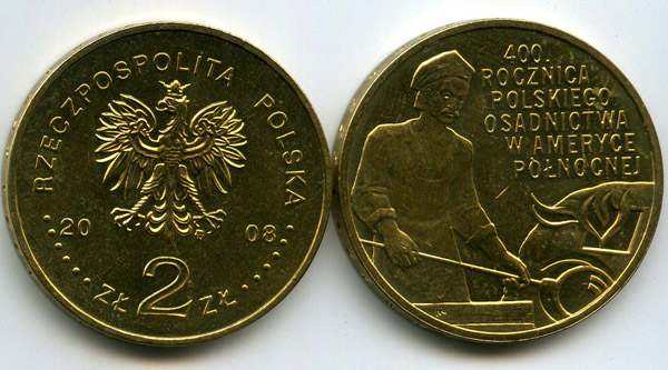 Монета 2 злотых 2008г 400 лет поселениям в америке Польша