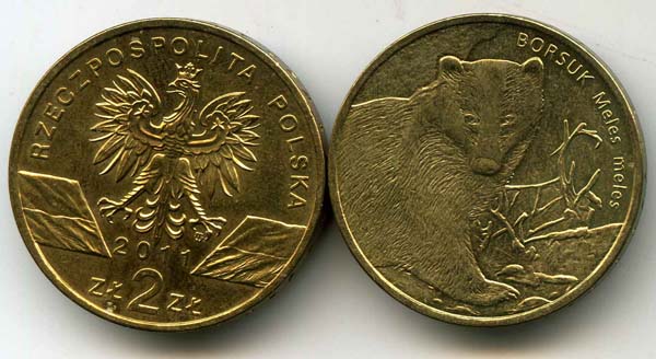 Монета 2 злотых 2011г барсук Польша
