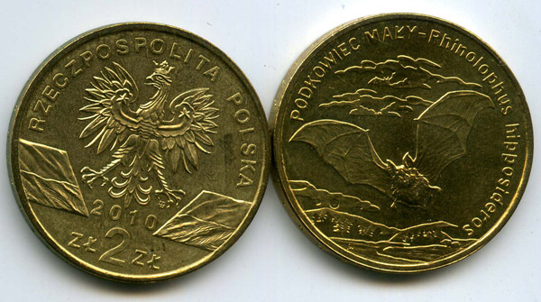 Монета 2 злотых 2010г малый подковонос Польша