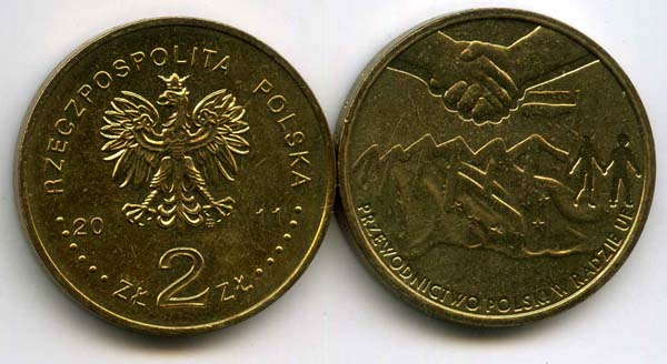 Монета 2 злотых 2011г председательство в ЕС Польша