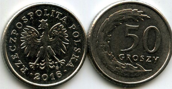 Монета 50 грош 2016г Польша