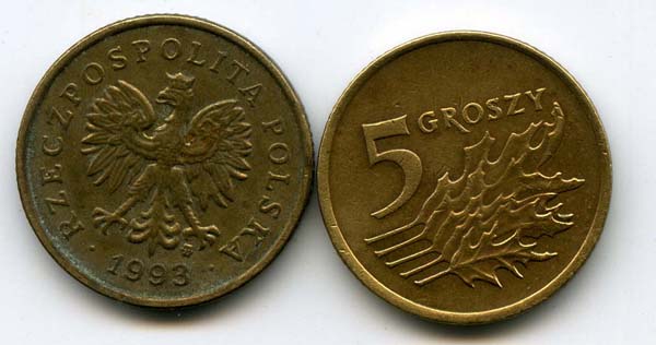 Монета 5 грош 1993г Польша