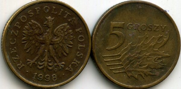 Монета 5 грош 1998г Польша