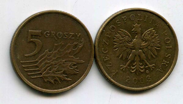 Монета 5 грош 2003г Польша