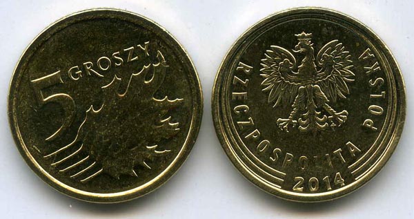 Монета 5 грош 2014г нд Польша