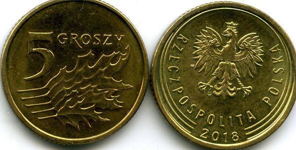 Монета 5 грош 2018г Польша